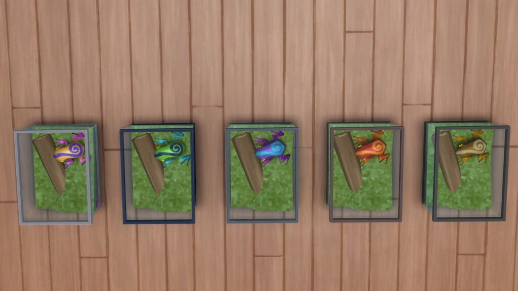 A screenshot from The Sims 4 showing a wood floor with five whirl frogs inside terrariums inside 