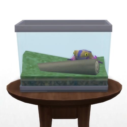 A screenshot from The Sims 4 showing a circle table with a terrarium on top and a whirly flower frog inside