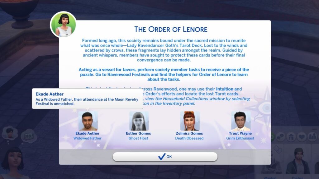 A screenshot from The Sims 4 showing the widowed father location from the order of lenore