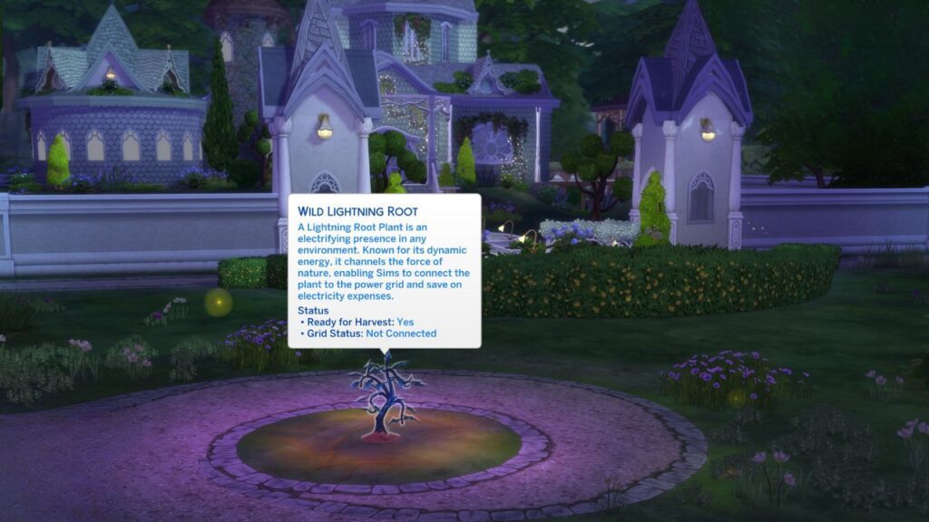 A screenshot from The Sims 4 showing the location of a wild lightning root in Everdew