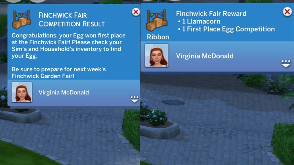 A screenshot from The Sims 4 showing the notifications for a sim winning the egg fair competition