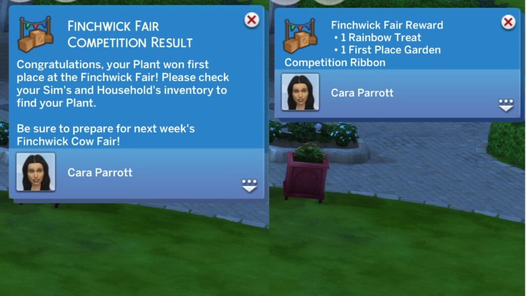 A screenshot from The Sims 4 showing the finchwick fair competition results for the garden fair 