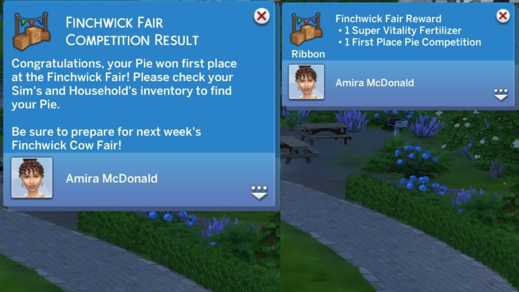 A screenshot from The Sims 4 showing the notifications for winning the pie competition 