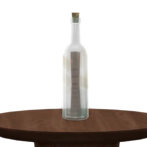 A screenshot from The Sims 4 showing a wooden table with a clear glass bottle on top