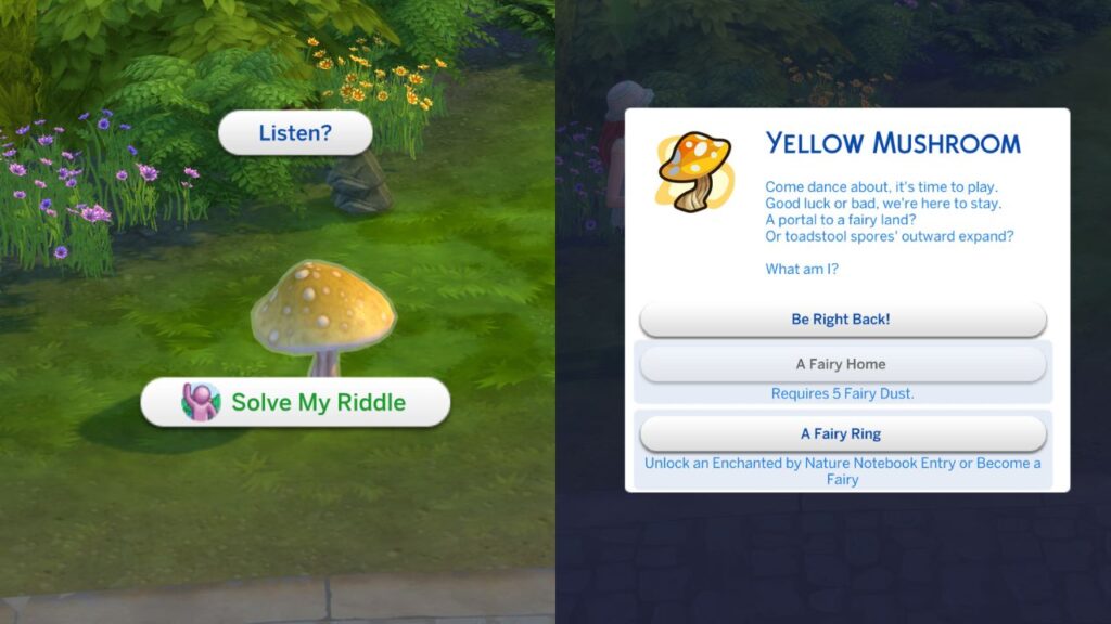 A screenshot from The Sims 4 showing a riddle for a yellow mushroom 