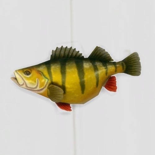 A screenshot from The Sims 4 showing a white floor with a yellow perch fish