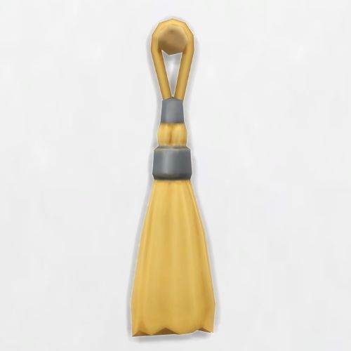 A screenshot from The Sims 4 showing a yellow tassel hanging on. a white wall 