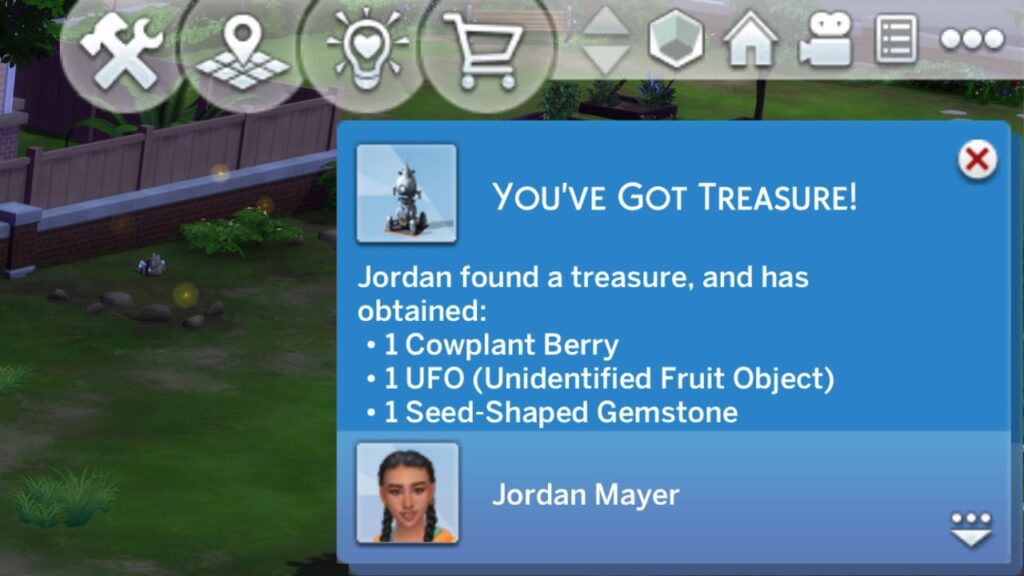 A screenshot from The Sims 4 showing a notification you get when you get treasure from exploring space