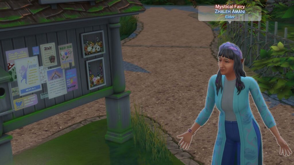 A screenshot from The Sims 4 showing where to find the mystical fairy beside the fable board in everdew