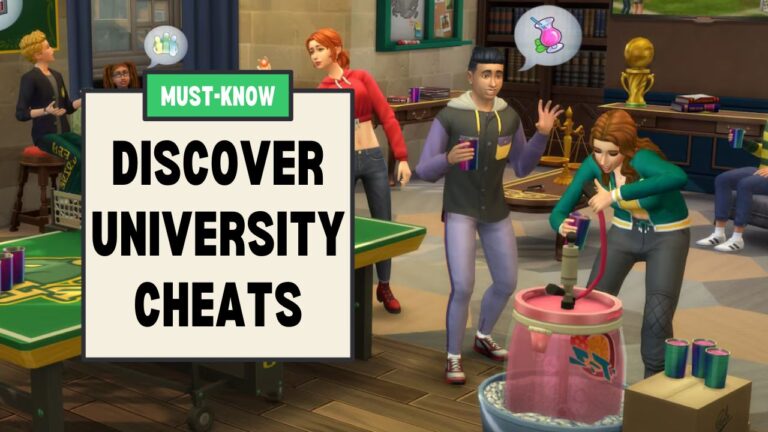 This image has a set of boxes on the left side with text that reads "must know discover university cheats" and beside that is an image of students at a party