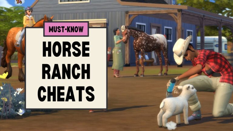 This image has a set of squares filled with text that say "must know horse ranch cheats" and beside that are sims caring for animals