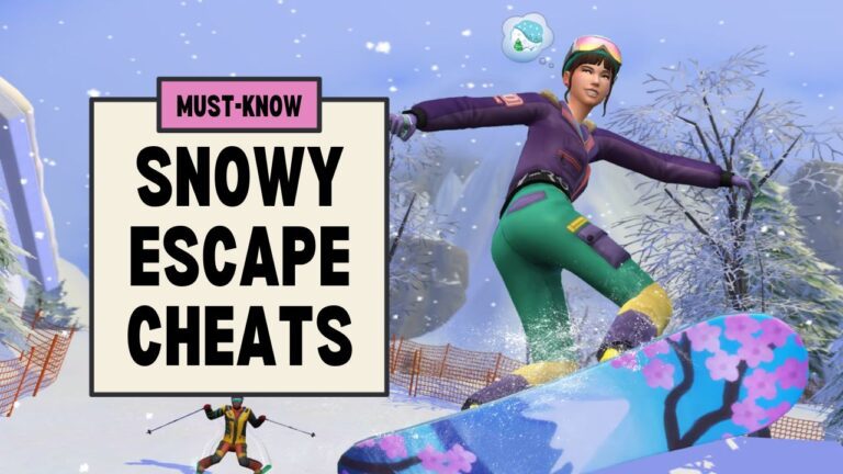 This image has a set of boxes on the left side with text that says "Must Know Snowy Escape Cheats" and beside that is a sim on a snowboard