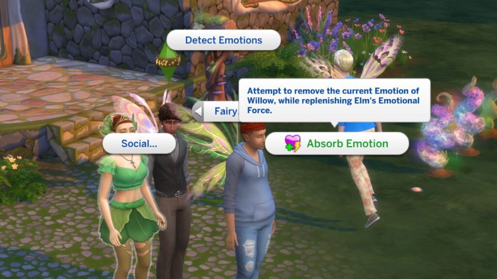 A screenshot from The Sims 4 showing how to absorb a sim's emotion 