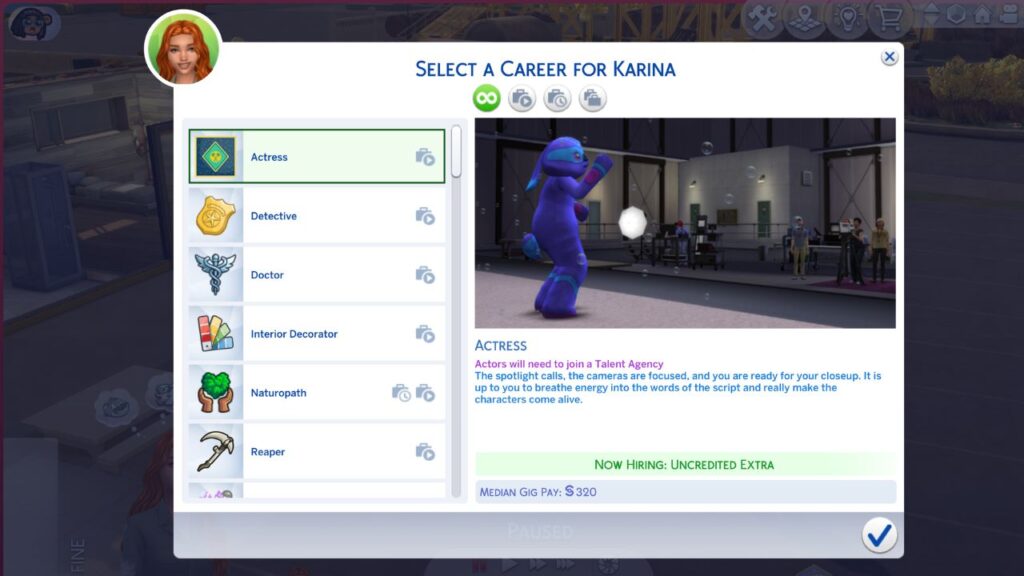 A screenshot from The Sims 4 showing the menu to put a sim in the actor career