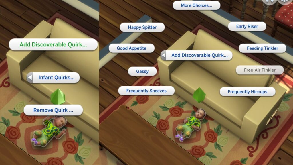 A screenshot from The Sims 4 showing how to cheat infant quirks on to a sim 