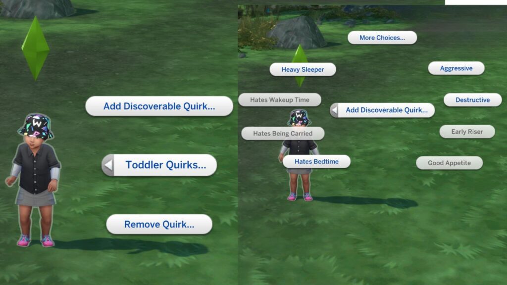 A screenshot from The Sims 4 showing how to cheat toddler quirks on to a sim 