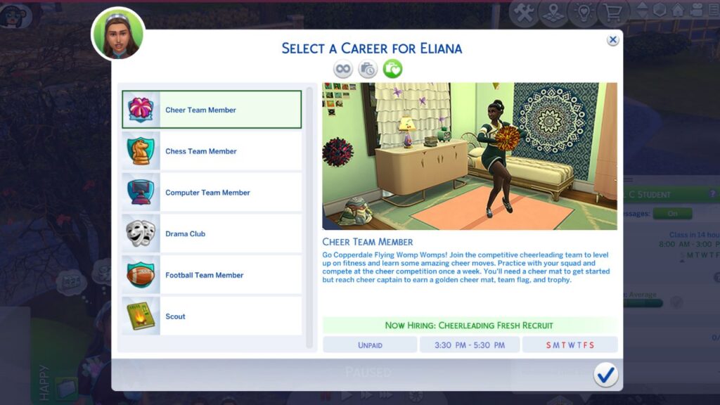A screenshot from The Sims 4 showing the menu to choose to join an after school activity in high school years