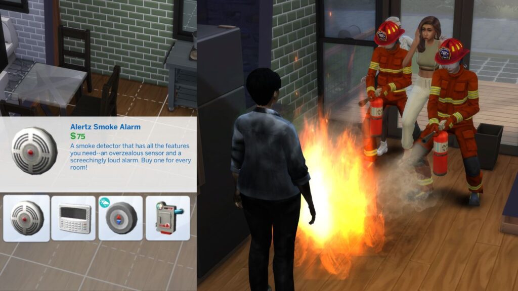 A screenshot from The Sims 4 showing the alertz smoke alarm and beside that is an image of firefighters putting out a burning sim 