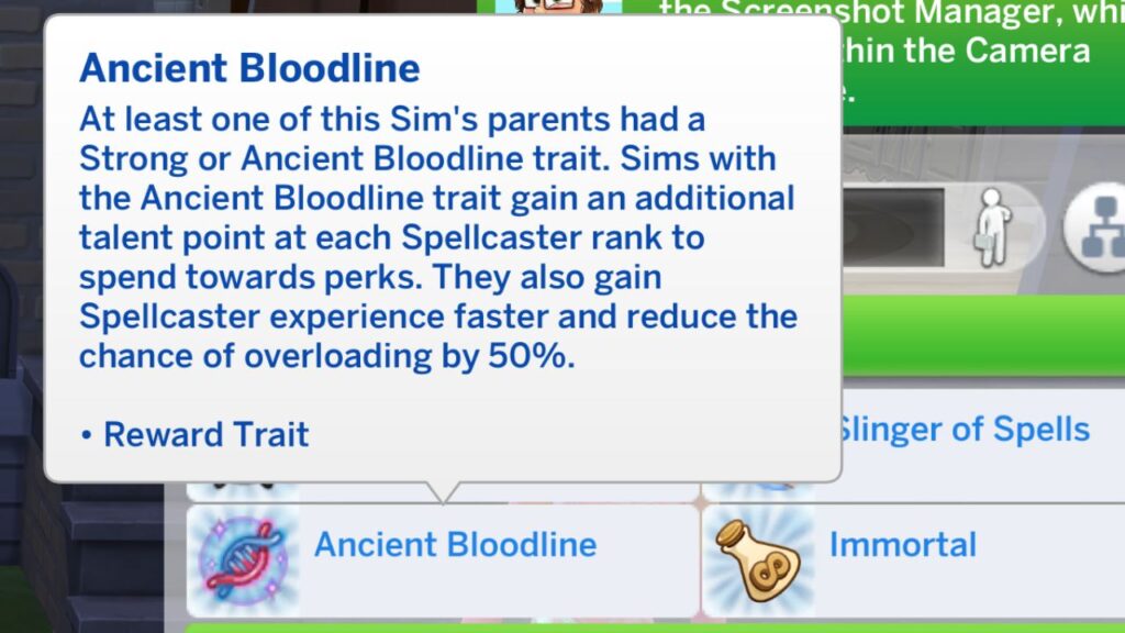 A screenshot from The Sims 4 showing the ancient bloodline trait for spellcasters 