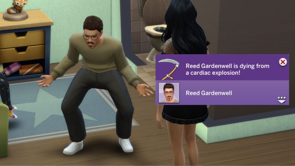 A screenshot from The Sims 4 showing a sim dying from anger