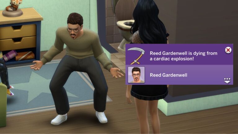 A screenshot from The Sims 4 showing a sim dying from anger