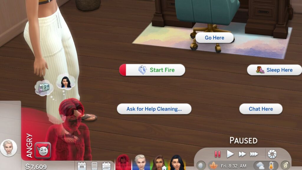 A screenshot from The Sims 4 showing the option for an angry ghost to start a fire 