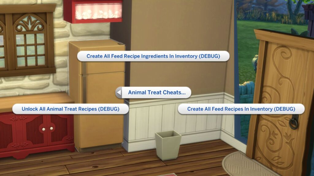 A screenshot from The Sims 4 showing how to cheat to get animal treats 