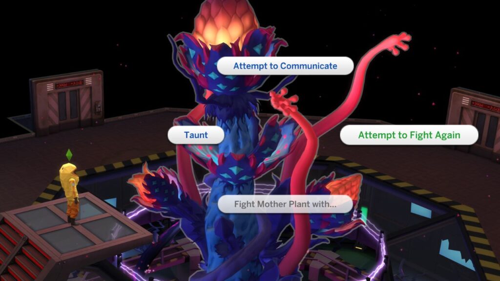 A screenshot from The Sims 4 showing the option to attempt to fight again with The Mother plant 