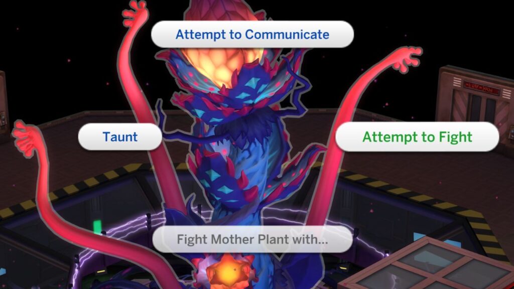 A screenshot from The Sims 4 showing the option to attempt to fight the mother plant 