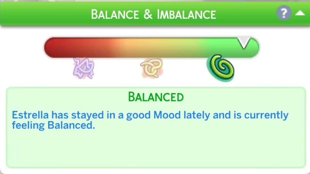 A screenshot from The Sims 4 showing the balance and imbalance system