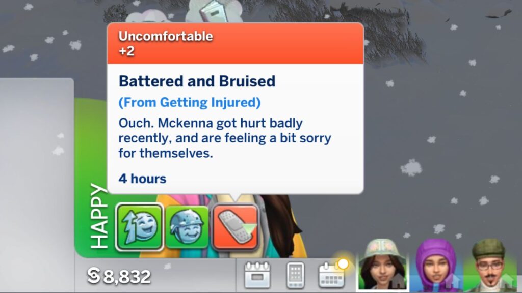 A screenshot from The Sims 4 showing the +2 uncomfortable battered and bruised trait 
