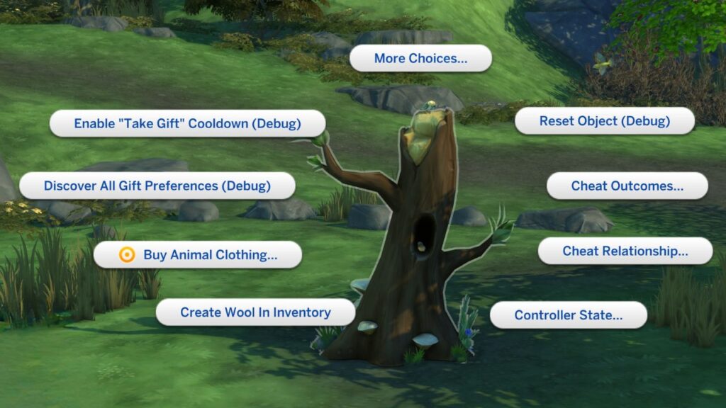 A screenshot from The Sims 4 showing wild bird cheats 