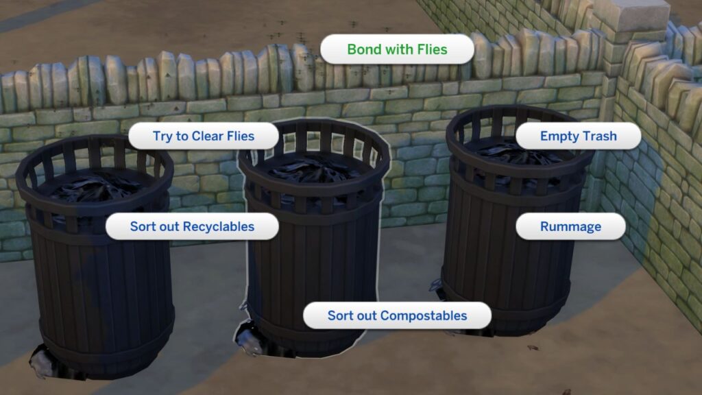A screenshot from The Sims 4 showing the option to bond with flies on a trash can 