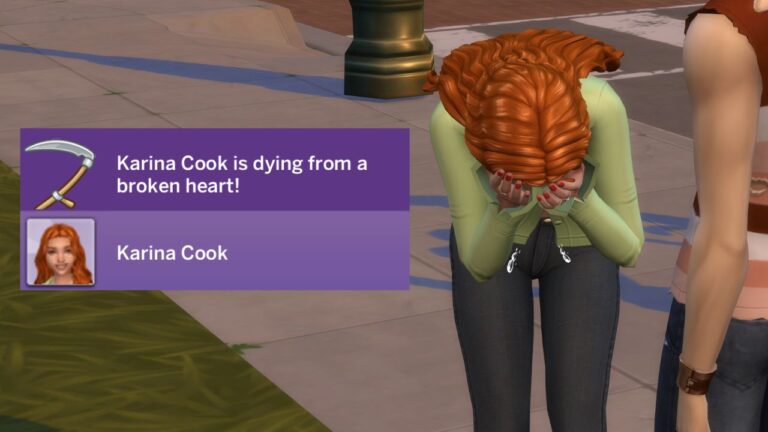 A screenshot from The Sims 4 showing a sim dying from a broken heart