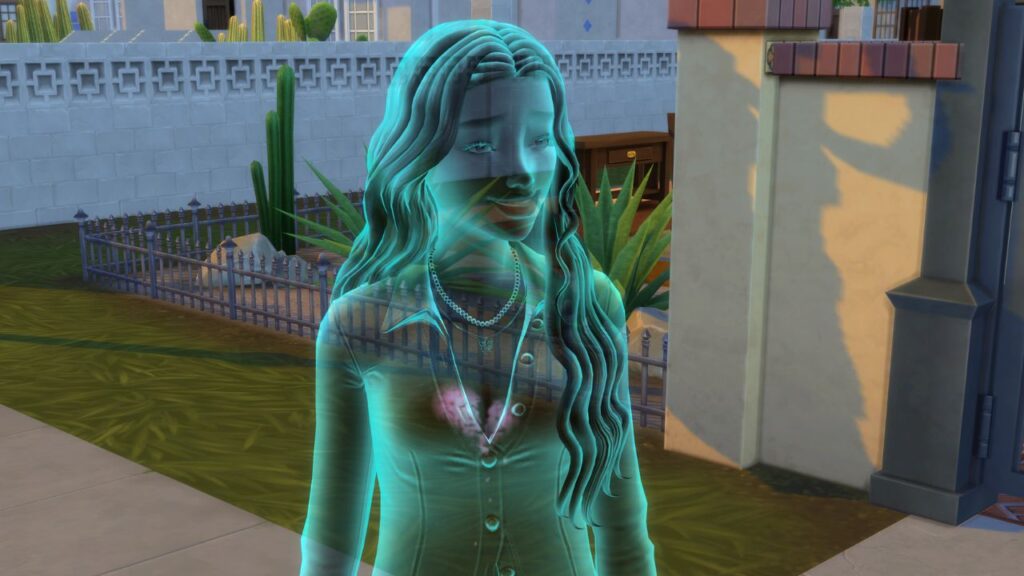 A screenshot from The Sims 4 showing a ghost with a broken heart 
