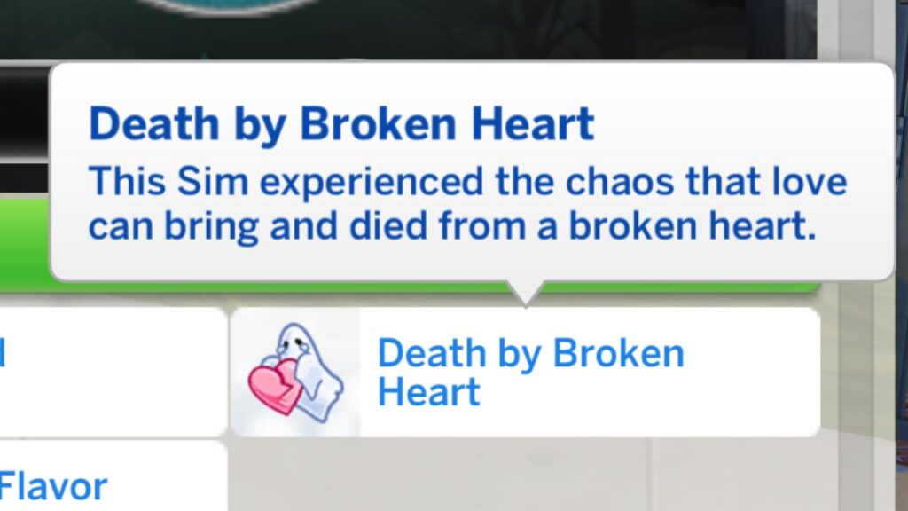 A screenshot from The Sims 4 showing the death by broken heart trait 