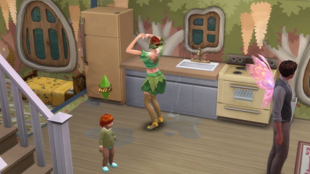 A screenshot from The Sims 4 showing an angry fairy toddler after breaking all kitchen appliances 