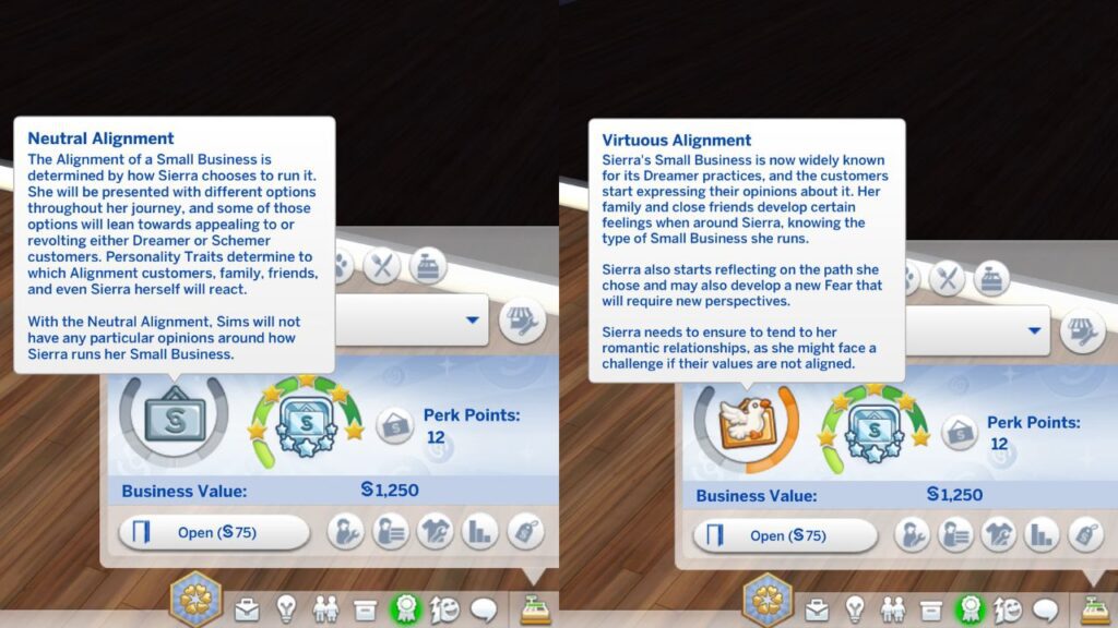 A screenshot from The Sims 4 showing a neutral alignment business and a virtuous alignment business