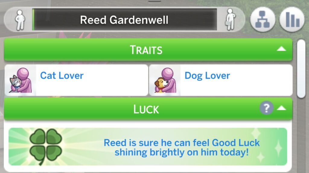 A screenshot from The Sims 4 showing a sim with the dog lover and cat lover traits 