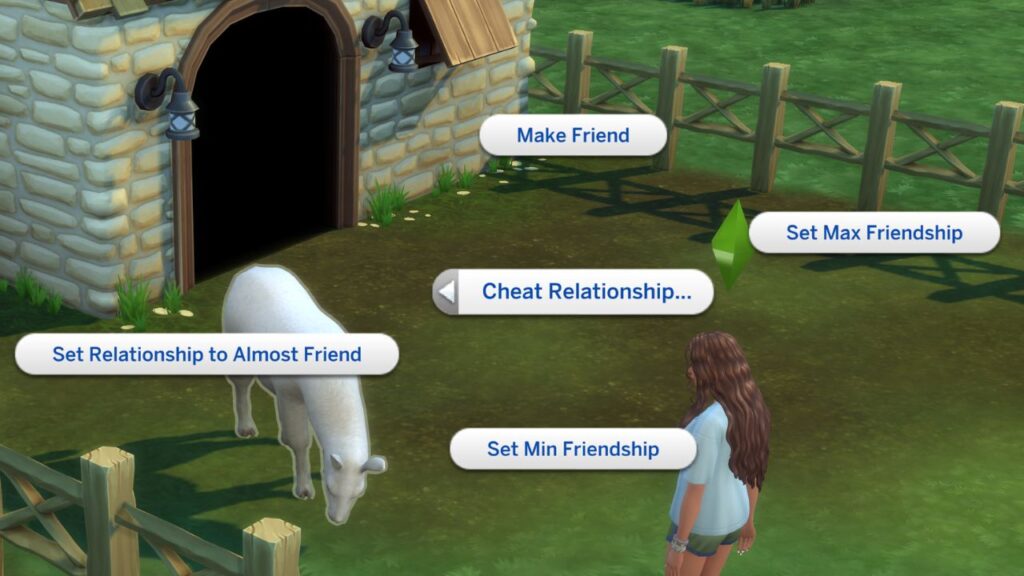 A screenshot from The Sims 4 showing how to add friendship with a llama 