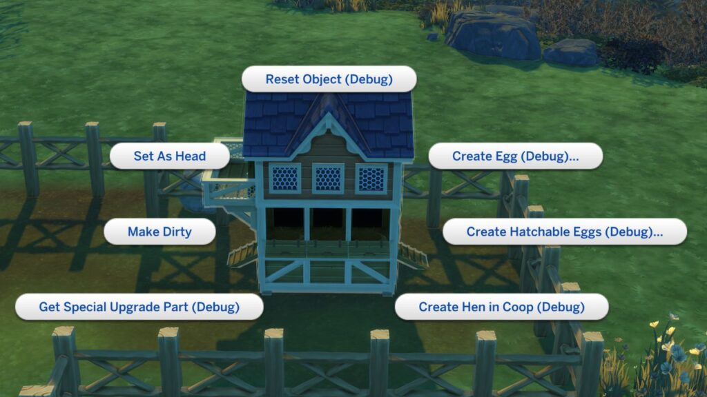 A screenshot from The Sims 4 showing chicken coop shift click cheats 