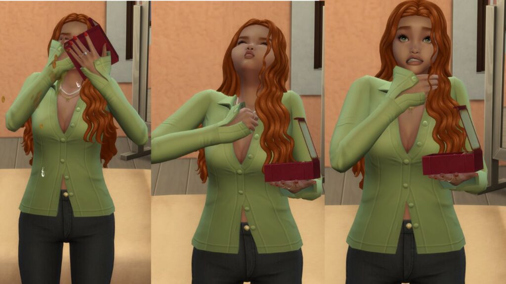 A screenshot from The Sims 4 showing the stages of a sim choking on candies 