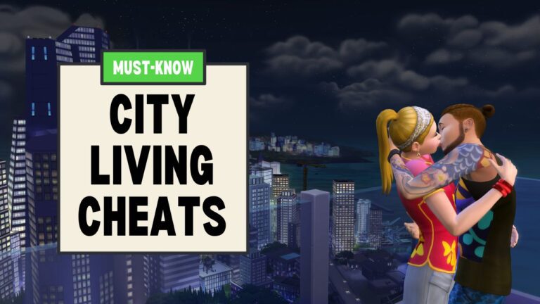 This image has a set of boxes on the left side that says "Must know city living cheats" and beside that are two sims kissing on a roof