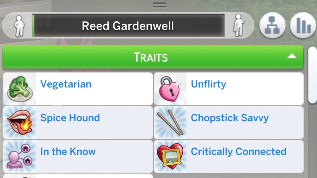 A screenshot from The Sims 4 showing a sim with six traits from city living