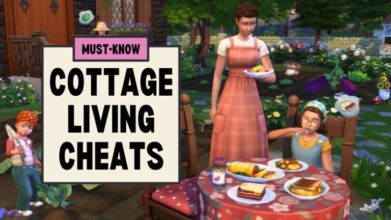 This image has a set of boxes on the left side with text that says "must know cottage living cheats' and beside it is a sim standing behind a table where a child is sitting and eating food