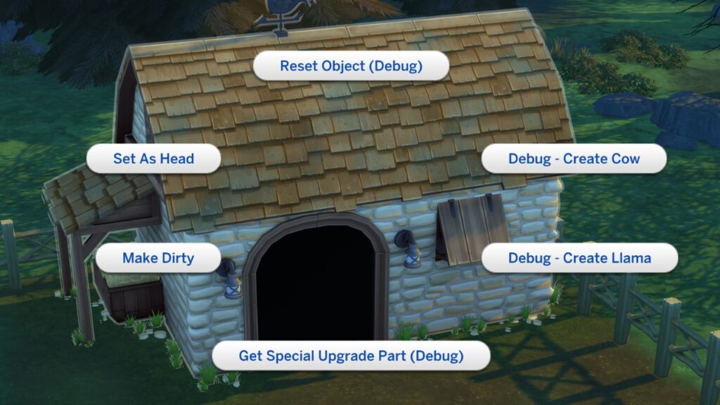A screenshot from The Sims 4 showing cheats on an animal house 