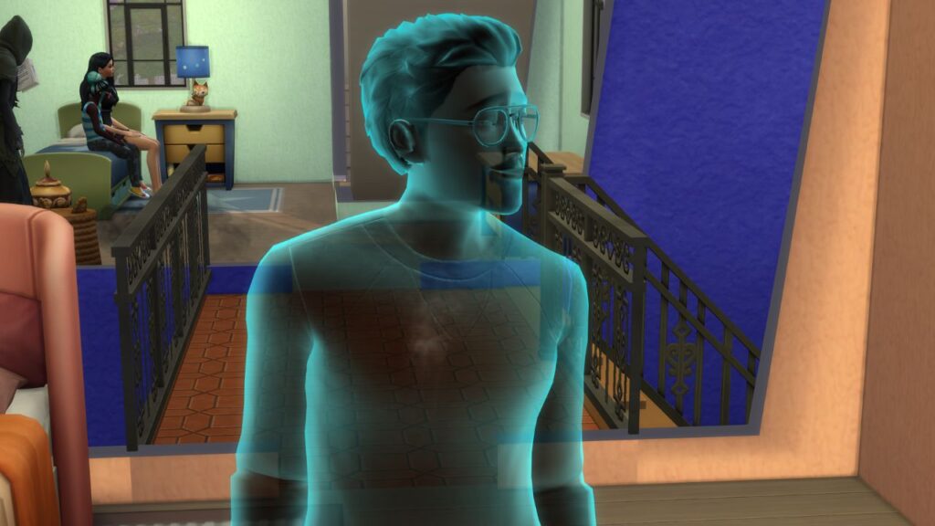 A screenshot from The Sims 4 showing a blue ghost with steam in their chest 