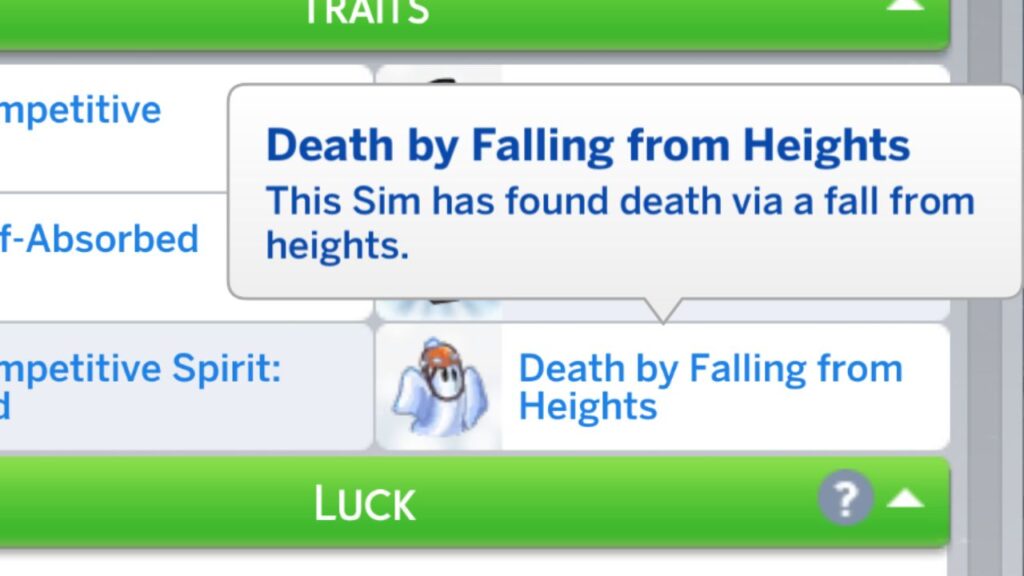 A screenshot from The Sims 4 showing the death by falling from heights trait 