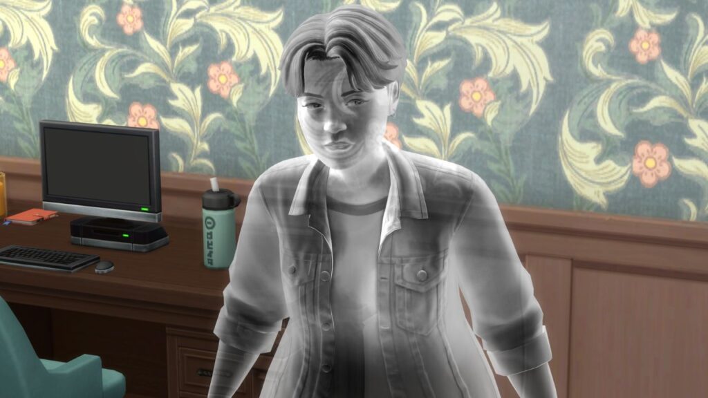 A screenshot from The Sims 4 showing a grey ghost with fire in their chest 