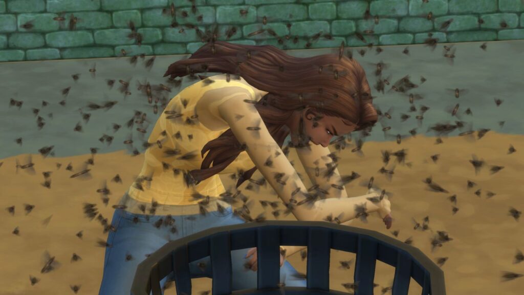 A screenshot from The Sims 4 showing a sim being attacked by flies